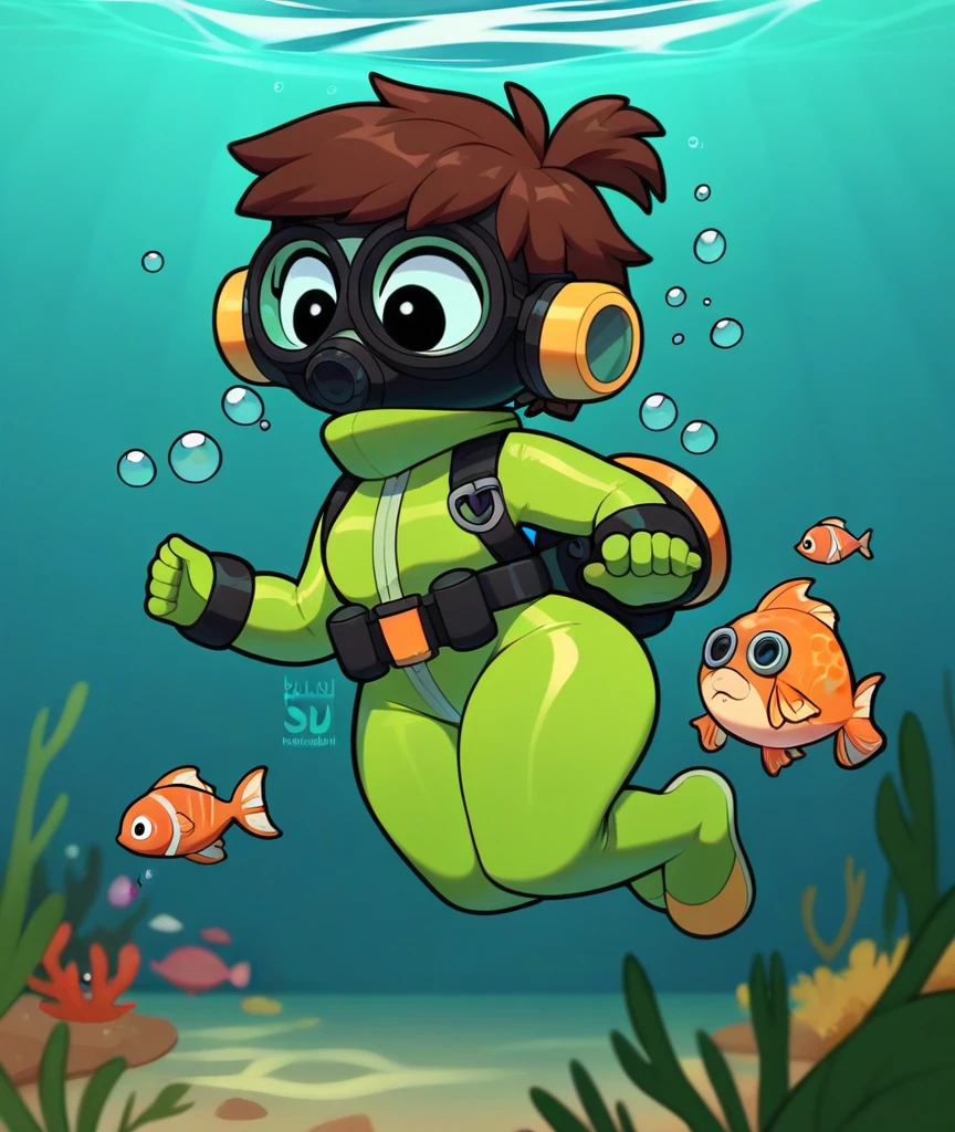 lisaloud, 1girl, solo, green tight wetsuit, Yellow Fins, green tight diving hood, black oval scuba mask, underwater, scuba diving, oxygen tank, looking a fish, diving, big butt, big hips, brown hair, chibi, score_9, score_8_up, score_7_up, 