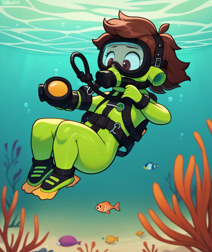 lisaloud, 1girl, solo, green tight wetsuit, Yellow Fins, green tight diving hood, black oval scuba mask, underwater, scuba diving, oxygen tank, looking a fish, diving, big butt, big hips, brown hair, chibi, score_9, score_8_up, score_7_up, 