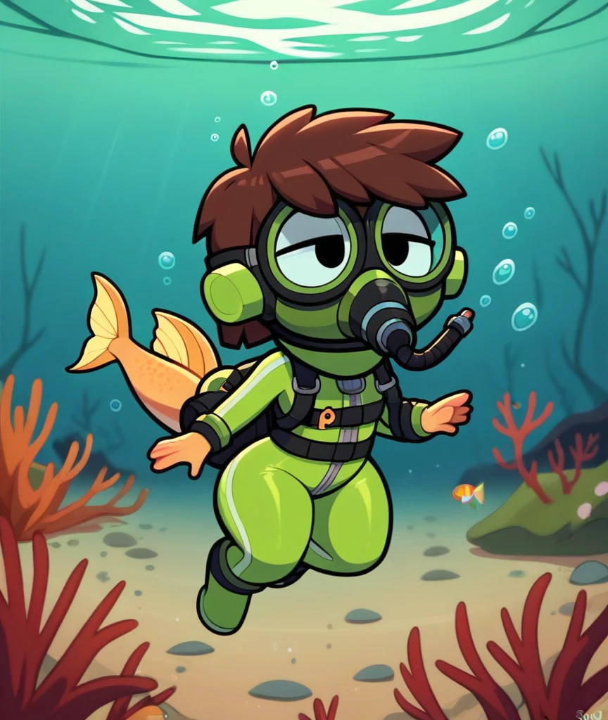 lisaloud, 1girl, solo, green tight wetsuit, Yellow Fins, green tight diving hood, black oval scuba mask, underwater, scuba diving, oxygen tank, looking a fish, diving, big butt, big hips, brown hair, chibi, score_9, score_8_up, score_7_up, 