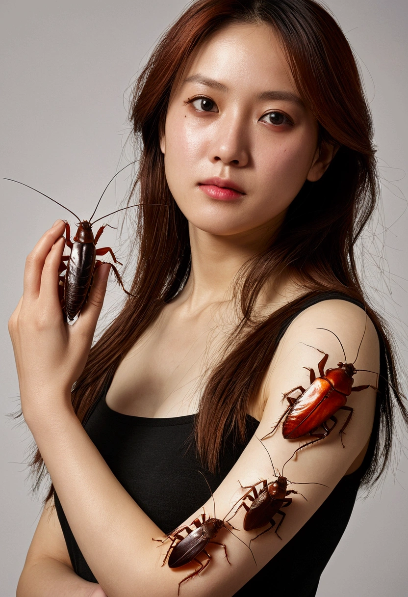 (High-quality depiction+Detailed Description)、(Woman&#39;s arm)、(Cockroach walking)、(There are a lot of dead cockroaches on my arm,cadaver)、