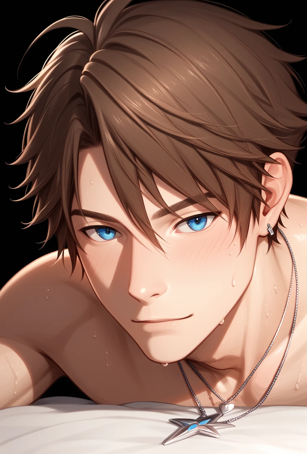 anime guy gets fucked in a bed,top rated on pixiv, | fine detail anime, yaoi,  Expressiveh,1boy,squall,necklace,short hair,brown hair,blue eyes, bangs gorgeous thin boy, rosy cheeks, naked, handsome gorgeous face, perfect thin body, solo, semi realistic, black background, sweaty body, photorealistic, film grain, candid camera, color graded cinematic, eye catchlights, macro shot, skin pores, imperfections, natural, OverallDetailXL, RBW-XL, zPDXL2, unique angle, gay, homoerotic,