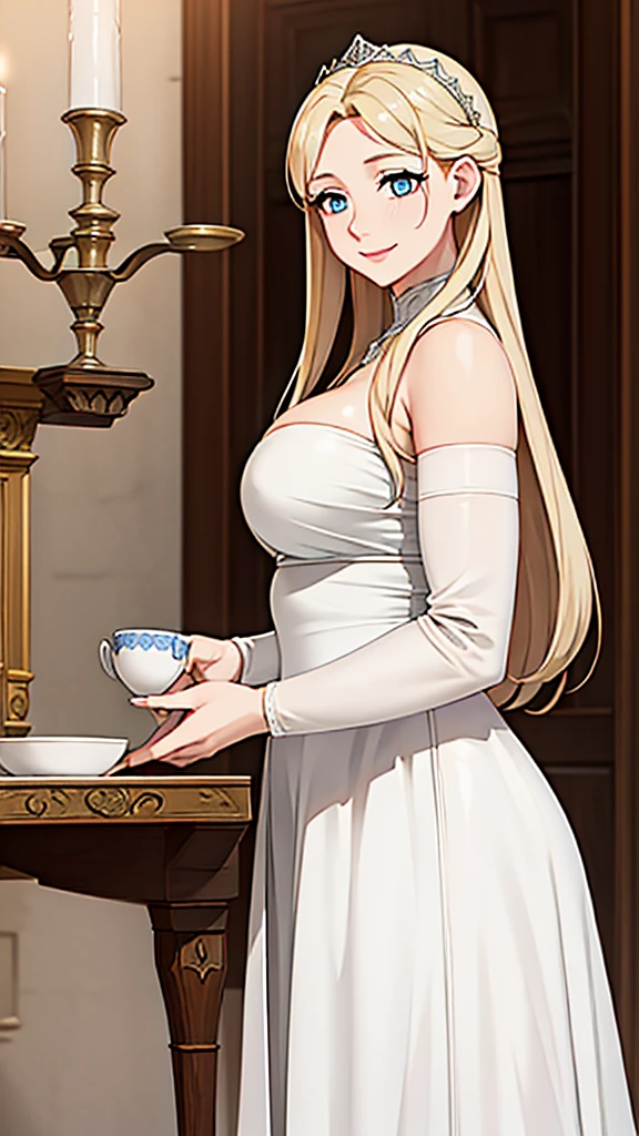 A woman wearing a white dress with silver details on the dress, blonde hair, blue eyes, in a tower of a sophisticated medieval castle, open tower overlooking a large open field and a sea in the distance, smiling, big breasts,, HDR , ultra resolution, very detailed, masterpiece, HD 8K, (solo, just one girl)
