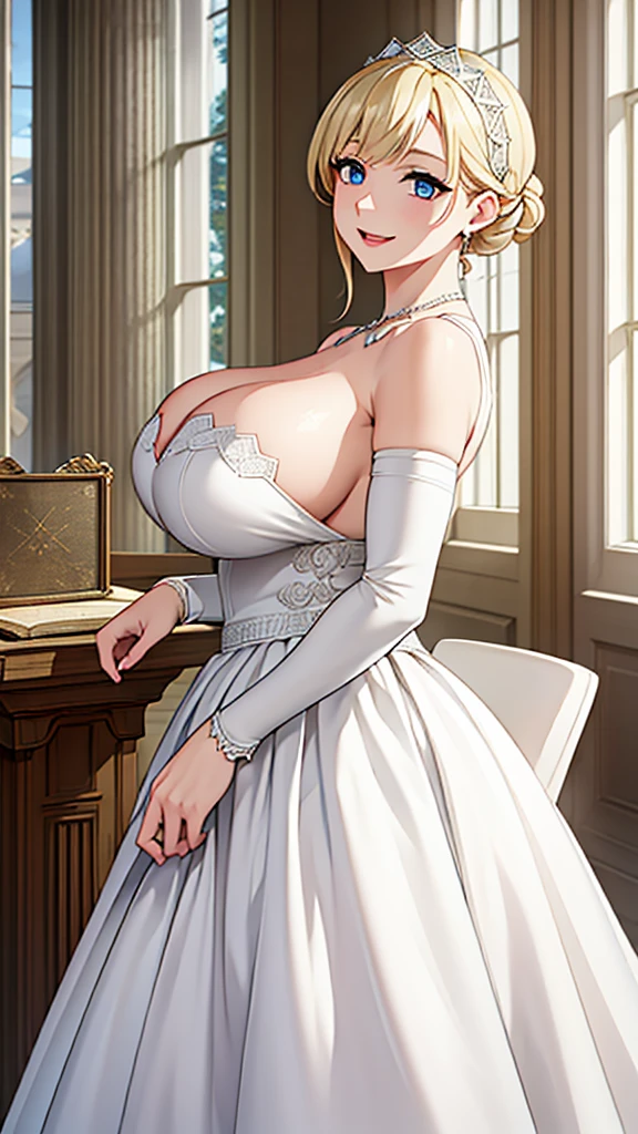 A woman wearing a white dress with silver details on the dress, blonde hair, blue eyes, in a tower of a sophisticated medieval castle, open tower overlooking a large open field and a sea in the distance, smiling, big breasts,, HDR , ultra resolution, very detailed, masterpiece, HD 8K, (solo, just one girl)
