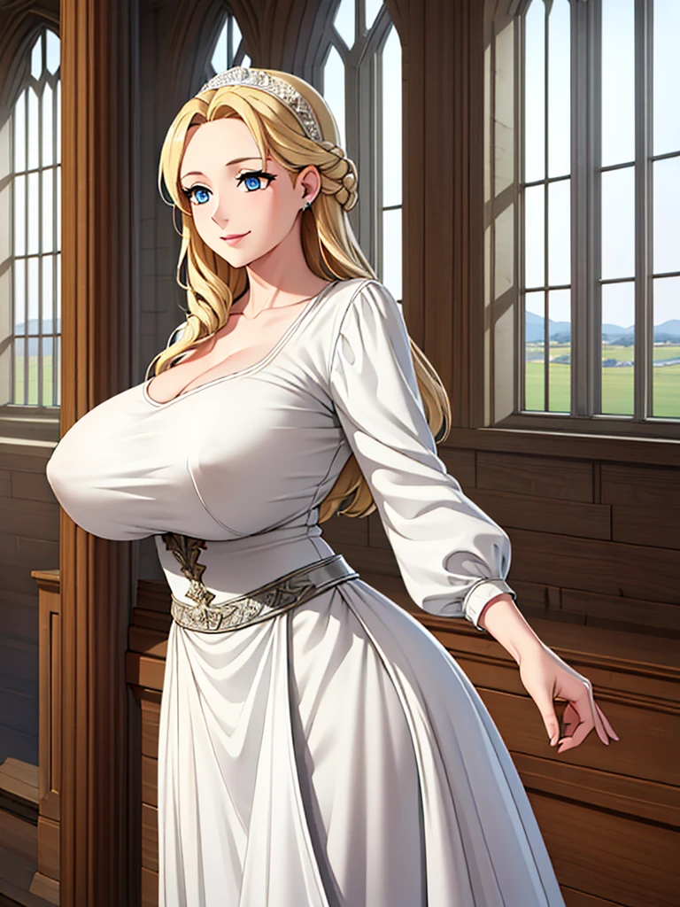 A woman wearing a white dress with silver details on the dress, blonde hair, blue eyes, in a tower of a sophisticated medieval castle, open tower overlooking a large open field and a sea in the distance, smiling, big breasts,, HDR , ultra resolution, very detailed, masterpiece, HD 8K, (solo, just one girl)