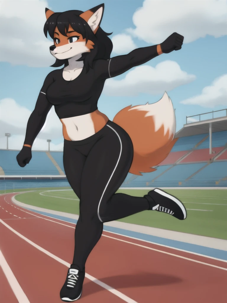 Furry, fox, female, black shirt, black leggings, shoes, running track, solo, full body