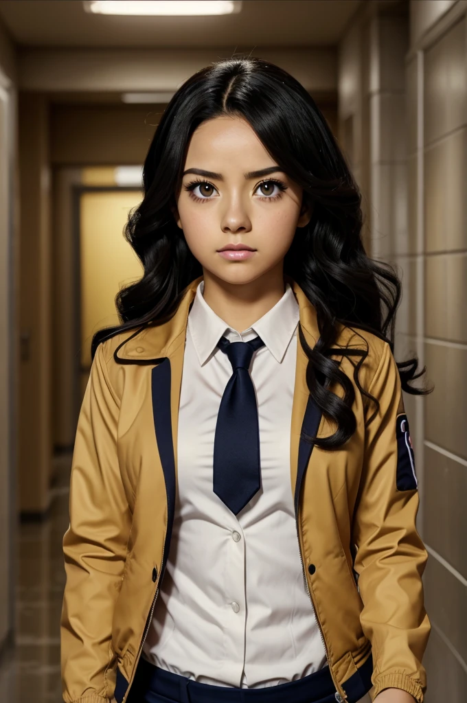 Screenshot Boku no Hero Academia, Pretty Woman, Black hair wavy at the ends, big eyes and honey colored eyes, serious expression on the face uniform lead jacket with red tie, walking, school hallway background
