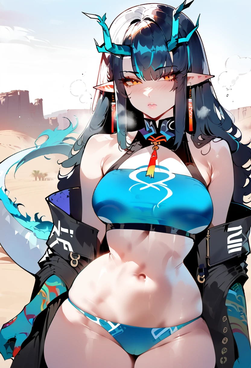 1 girl, dusk \(arknights), arknights,(Masterpiece, Best Quality), The newest one,  turquoise bikinis, The original lasts, , by nyantcha, black fur, horns, por omone shopping agm, white dragon tail, evening,desert, orange eyes, turquoise scales on arms, 