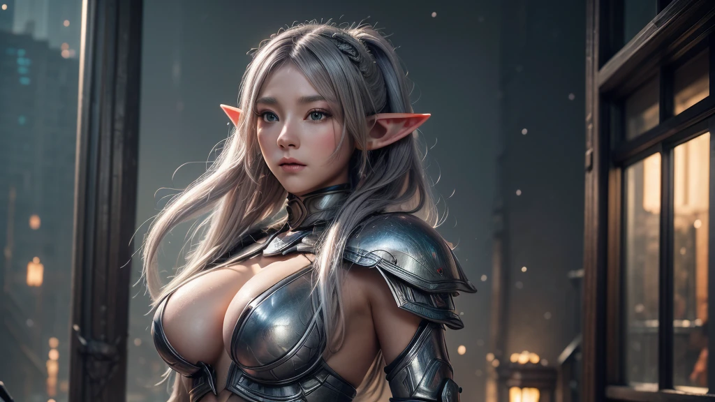 Female Elf，Close-up, Hollow future armor, 2. 5D CGI anime fantasy artwork, Large Breasts，Epic fantasy digital art style, detailed Digital 2D fantasy art, Digital 2D fantasy art, original photo, (best quality:1.3), high resolution, (masterpiece), (lifelike:1.4), Professional photography, Clear focus, High Dynamic Range, 8k resolution, Intricate details, Fine details, Depth of Field, Extremely detailed CG unified 8k wallpaper, masterpiece，poster，best quality，Official Art，（Beauty and aesthetics：1.2），（masterpiece：1.3），Female Elf，individual，complex pattern，snow，Cyberpunk style future city，Medium distance photography，（early morning），dramatic，