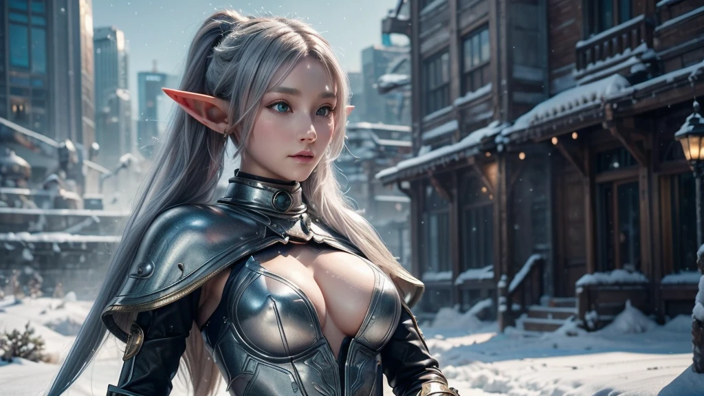 Female Elf,Close-up, Hollow future armor, 2. 5D CGI anime fantasy artwork, Large Breasts,Epic fantasy digital art style, detailed Digital 2D fantasy art, Digital 2D fantasy art, original photo, (best quality:1.3), high resolution, (masterpiece), (lifelike:1.4), Professional photography, Clear focus, High Dynamic Range, 8k resolution, Intricate details, Fine details, Depth of Field, Extremely detailed CG unified 8k wallpaper, masterpiece,poster,best quality,Official Art,(Beauty and aesthetics:1.2),(masterpiece:1.3),Female Elf,individual,complex pattern,snow,Cyberpunk style future city,Medium distance photography,(early morning),dramatic,