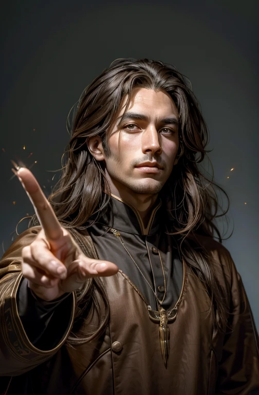 Brown long-haired handsome Symmetrical featured Male Priest with a knack for painting, spreading love and peace