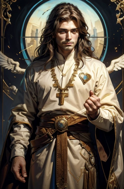 Brown long-haired handsome Symmetrical featured Male Priest with a knack for painting, spreading love and peace