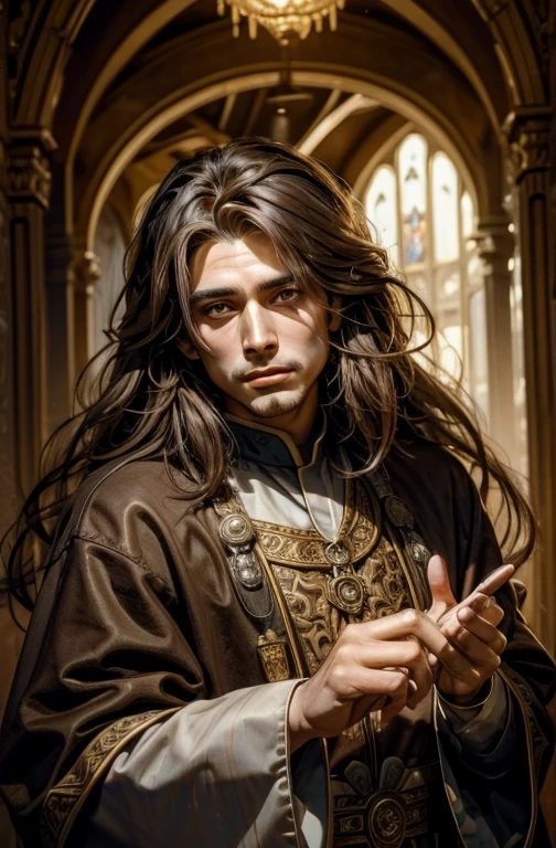 Brown long-haired handsome Symmetrical featured Male Priest with a knack for painting, spreading love and peace