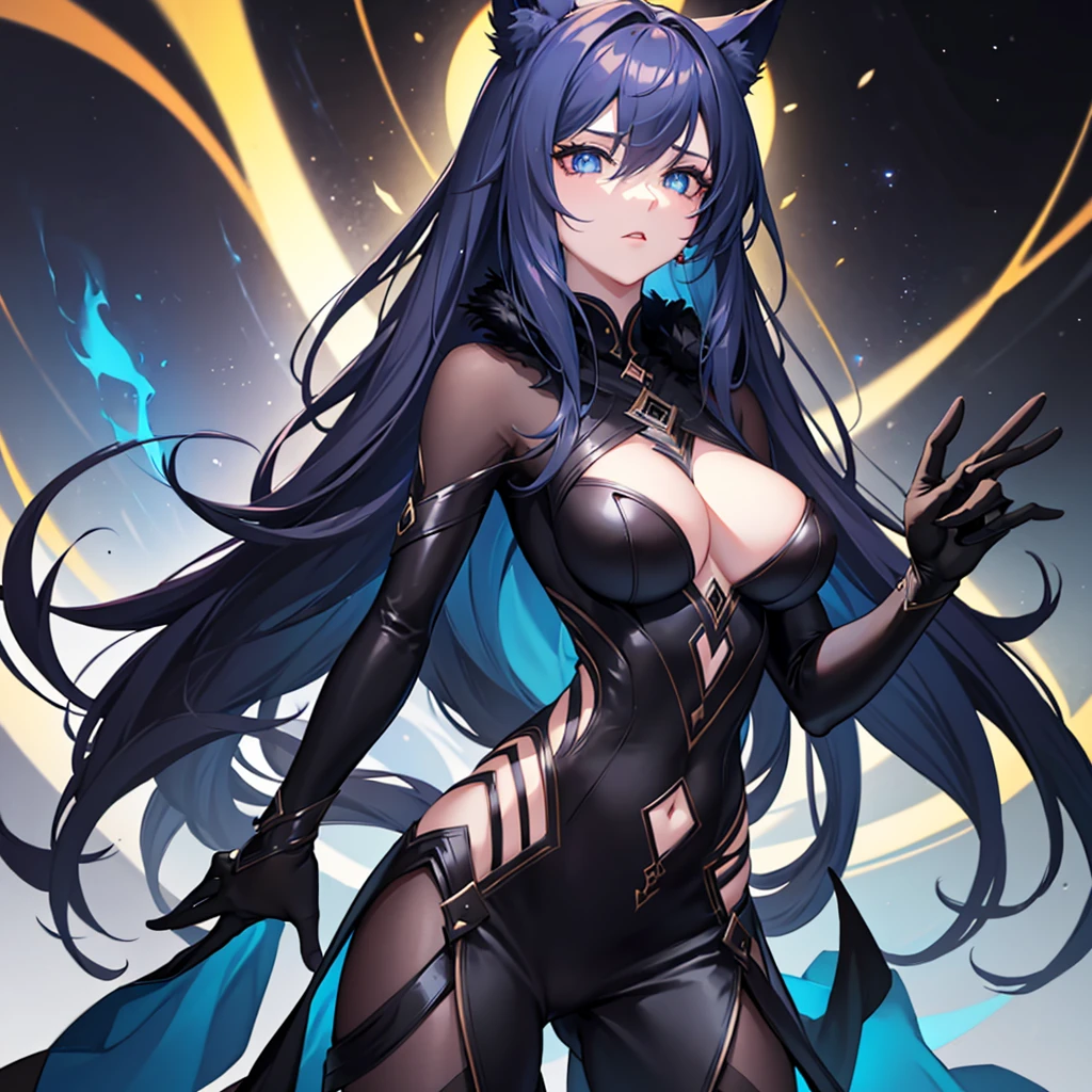8k_wallpaper, extremely detailed eyes, extremely detailed body, (large masterpiece digital art), (detailed manga illustration), (detailed line art), ((perfect anatomy)), (intricate details:1.3), (ultra-detailed:1.3), (illustration:1.3), (sharp focus:1.3), (natural lighting:1.05), (vivid colors:1.3), (masterpiece), (best quality:1.4), (perfect anatomy:1.4), high quality, expressive eyes, full body, detailed face, beautiful face, perfect face, 1girl, dark skin, animal ears, black sclera, smile, colored sclera, breasts, solo, monster girl, black hair, (wolf ears), large breasts, curvy, wide hips, long hair, ((gold eyes)), claws, grin, fur, looking at viewer, collar, dynamic pose, tail, wolf tail, dragon horns, wings, sadistic smile, hair over eye, {regal outfit}, tiny top hat, (hellscape background), blue fire, curvy, china dress, dark skin,