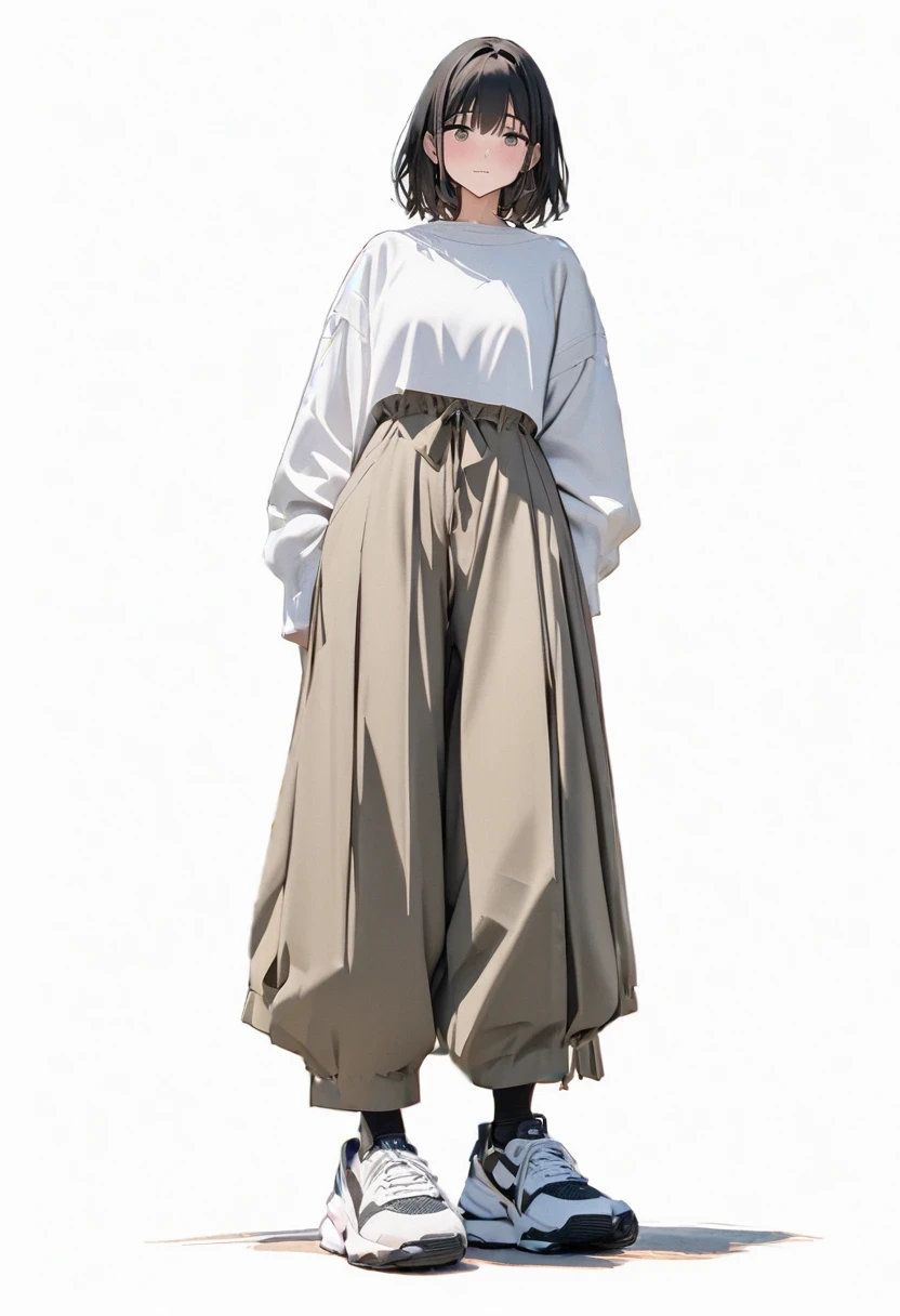 (Masterpiece, Best picture quality: 1.2, 8K), centered, full length, one girl, Japanese casual fashion, wide pants, simple sneakers, simple background, white background #ffffff,, eyes open