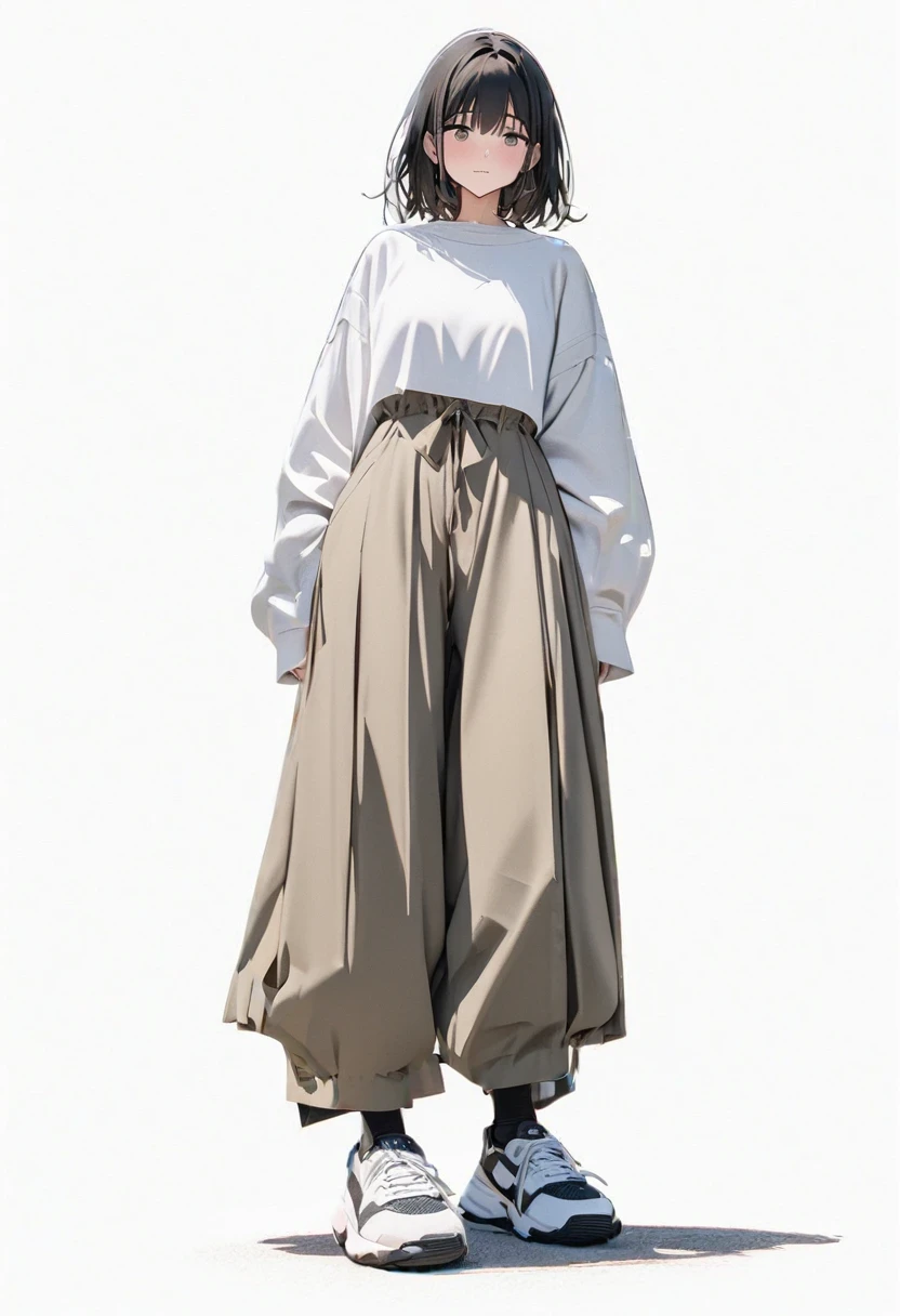 (Masterpiece, Best picture quality: 1.2, 8K), centered, full length, one girl, Japanese casual fashion, wide pants, simple sneakers, simple background, white background #ffffff,, eyes open