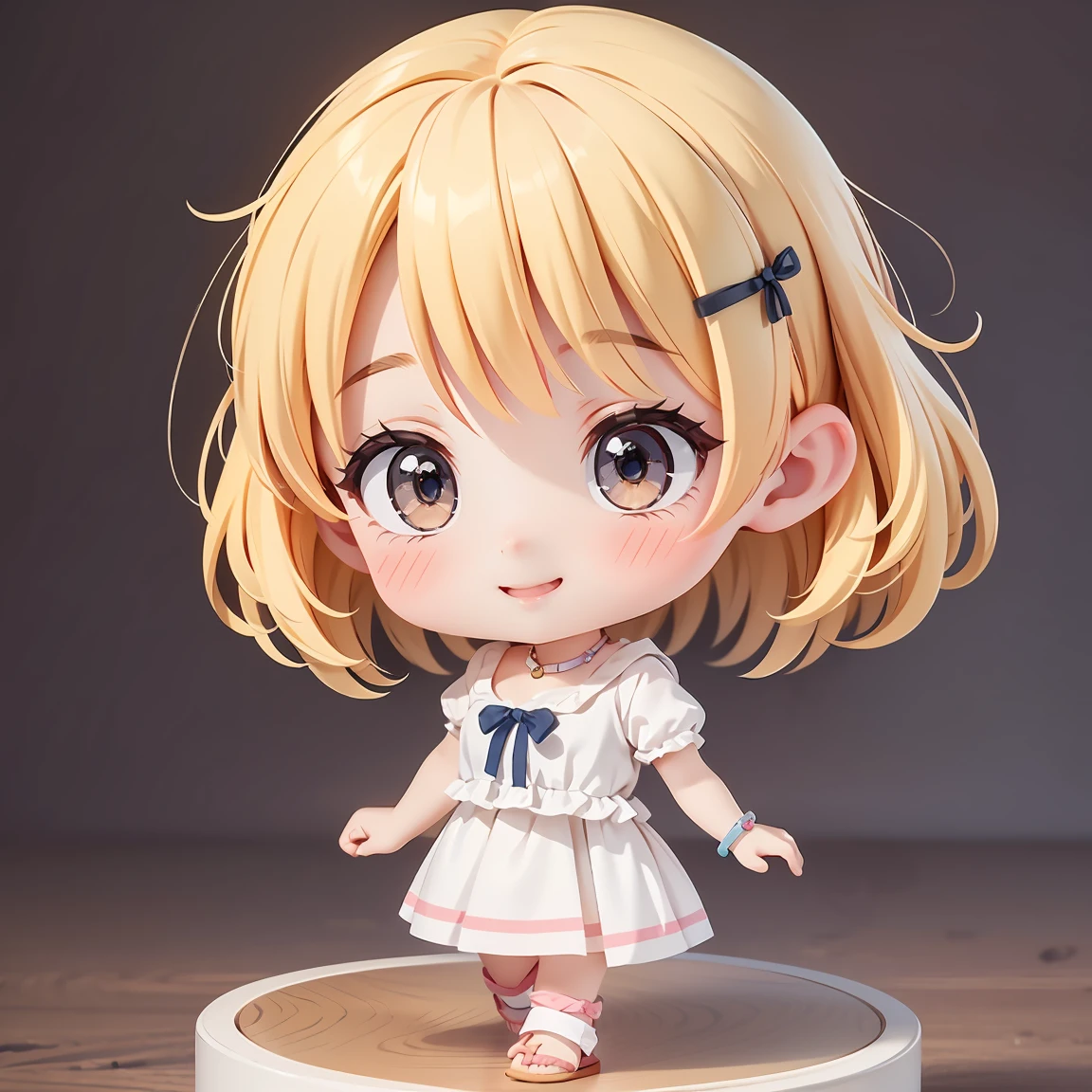 Super Chibi Character:1.8、wearing cute sandals、background:Simple all over、Blonde Hair、Cute 7 year old girl、Random cute outfits、Short legs、Sandals with ribbon、Cute pose、Super Happy Smile:1.8