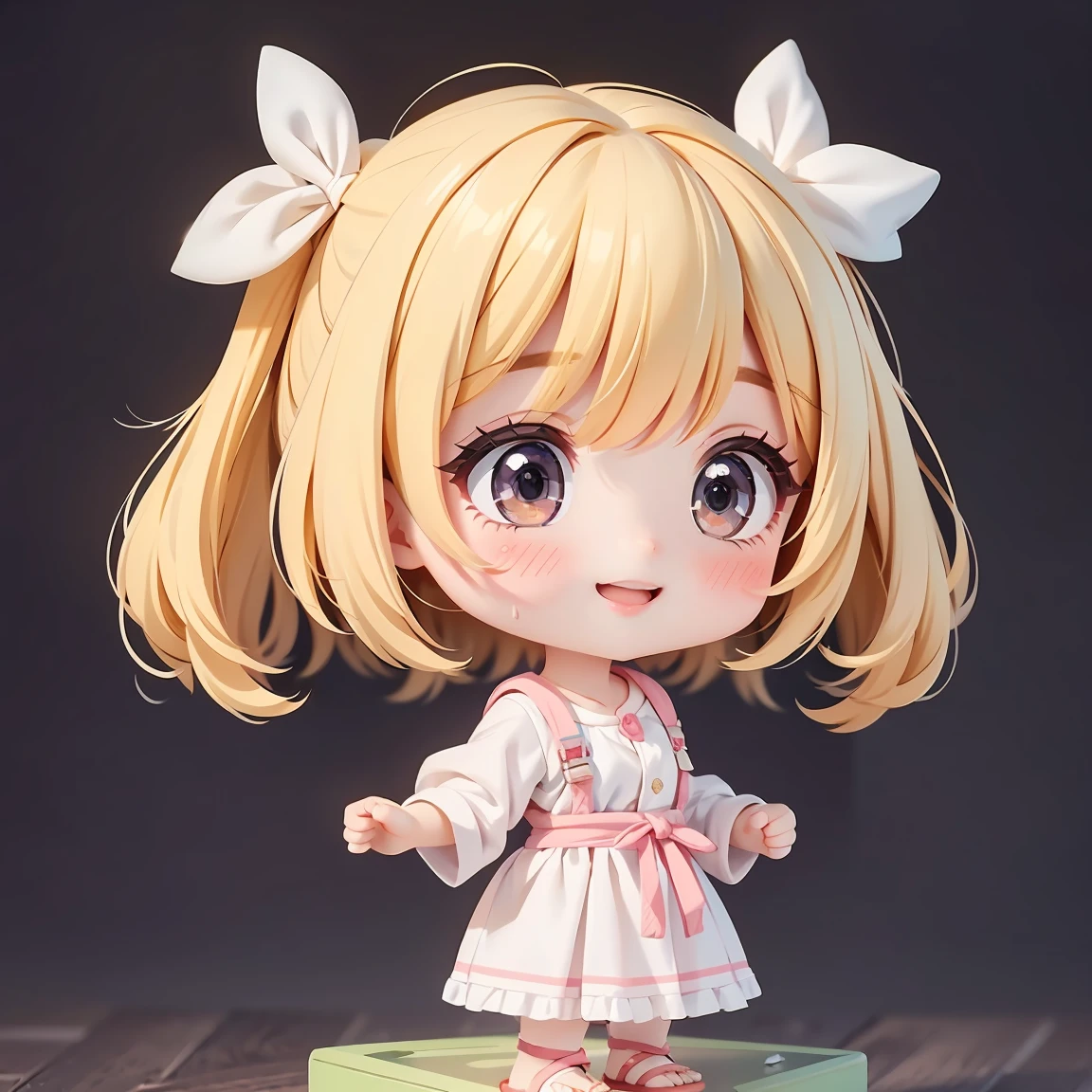 Super Chibi Character:1.8、wearing cute sandals、background:Simple all over、Blonde Hair、Cute 7 year old girl、Random cute outfits、Short legs、Sandals with ribbon、Cute pose、Super Happy Smile:1.8