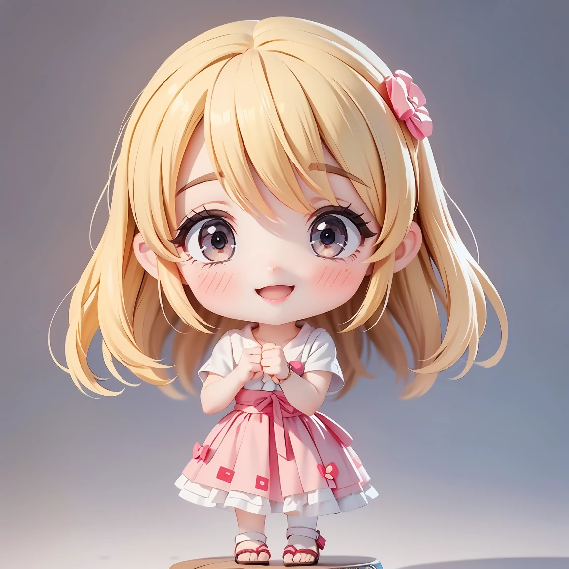 Super Chibi Character:1.8、wearing cute sandals、background:Simple all over、Blonde Hair、Cute 7 year old girl、Random cute outfits、Short legs、Sandals with ribbon、Cute pose、Super Happy Smile:1.8