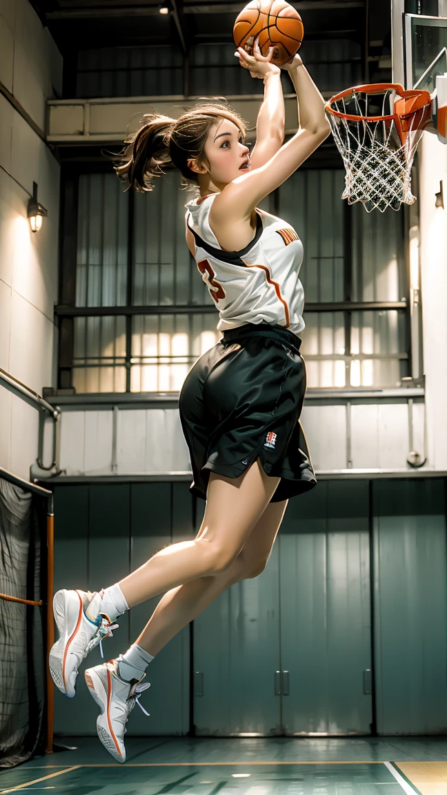 masterpiece, highest quality, Highest image quality, High resolution, photo realistic, Raw photo, dunk shot in basketball, woman basketball player, jump in air, basketball on her hand, basketball hoop, basketball net