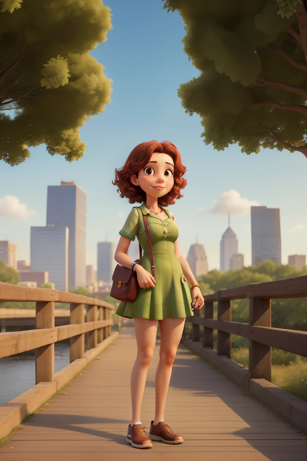 
arafed woman in green dress standing on a wooden bridge, with a city in the background, standing in a city center, in the city, city in the background, by Gina Pellón, inspired by Gina Pellón, with a park in the background, in a city park, 30-year-old woman from cuba, in city street