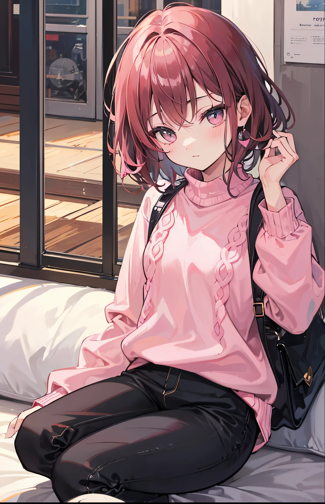 Black short hair Medusa,Pink brown sweater,Small tricks,Gallant