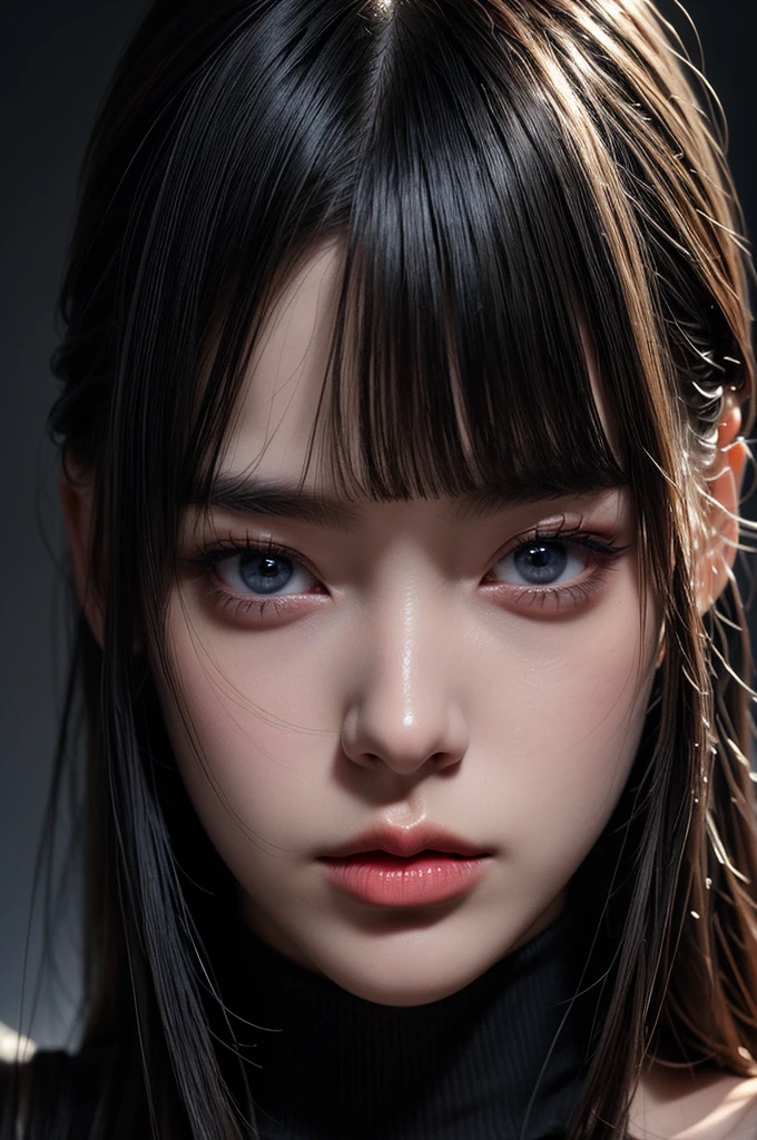 masterpiece, highest quality, Super detailed, Facing the camera, Super detailed, Realistic, Sharp features, Very detailed, Sharp focus, Perfect Face, Perfect Face, Perfect symmetrical perfect eyes, Perfect Plump Lips, Flexible female form, cinematic, Film Light, Super detailed, hyper Realistic, masterpiece, Atmospheric, High resolution, Vibrant, Dynamic Studio Lighting, ((Dark Background)), The expression when enduring pleasure, Straight bangs, blue eyes,Black sweater, Cowboy Shot,turtleneck、first round、Sexually aroused expression