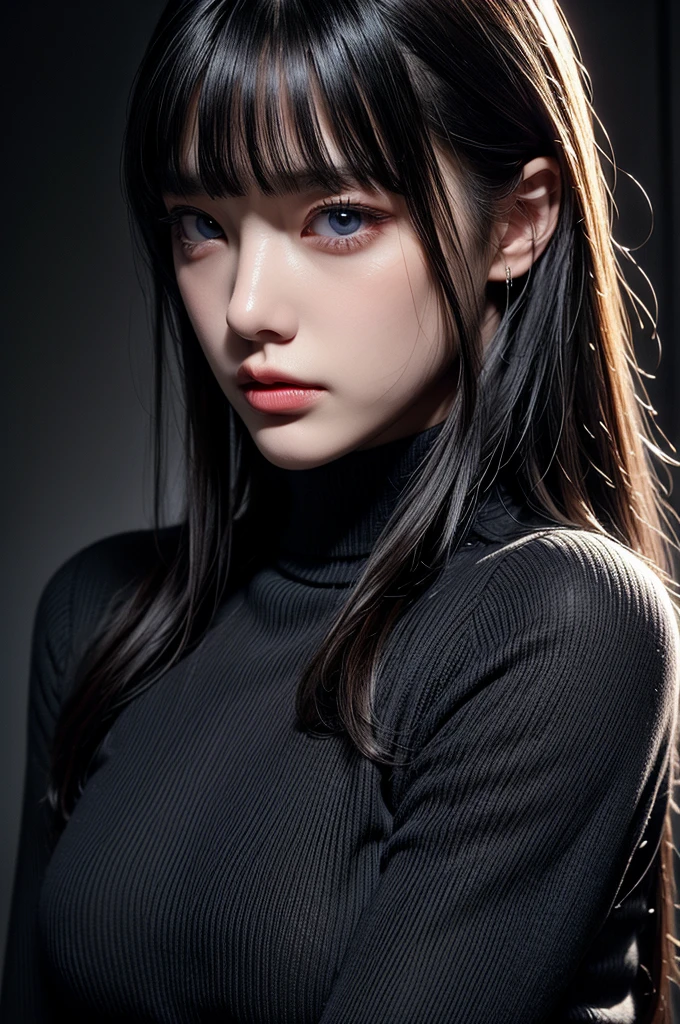 masterpiece, highest quality, Super detailed, Facing the camera, Super detailed, Realistic, Sharp features, Very detailed, Sharp focus, Perfect Face, Perfect Face, Perfect symmetrical perfect eyes, Perfect Plump Lips, Flexible female form, cinematic, Film Light, Super detailed, hyper Realistic, masterpiece, Atmospheric, High resolution, Vibrant, Dynamic Studio Lighting, ((Dark Background)), The expression when enduring pleasure, Straight bangs, blue eyes,Black sweater, Cowboy Shot,turtleneck、first round、Sexually aroused expression