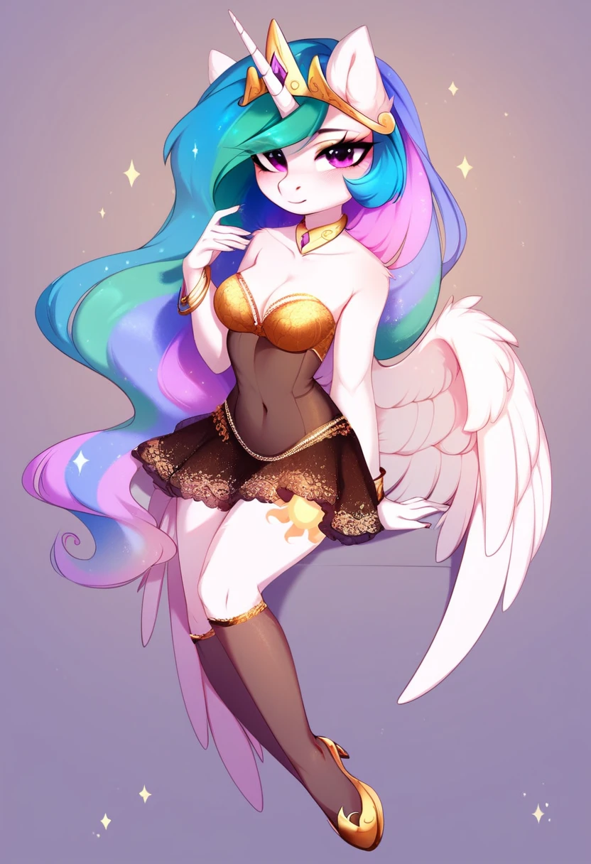 check_9, check_8_up, check_7_up, source_fluffy, rating_safe, from Magnaluna, Celestia poses seductively in a white bedroom, pink eyes, white body, anthro, blushing, wearing tight golden lingerie skirt, full body