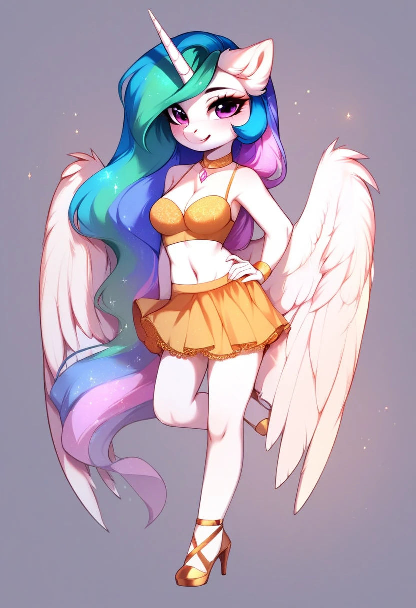 check_9, check_8_up, check_7_up, source_fluffy, rating_safe, from Magnaluna, Celestia poses seductively in a white bedroom, pink eyes, white body, anthro, blushing, wearing tight golden lingerie skirt, full body