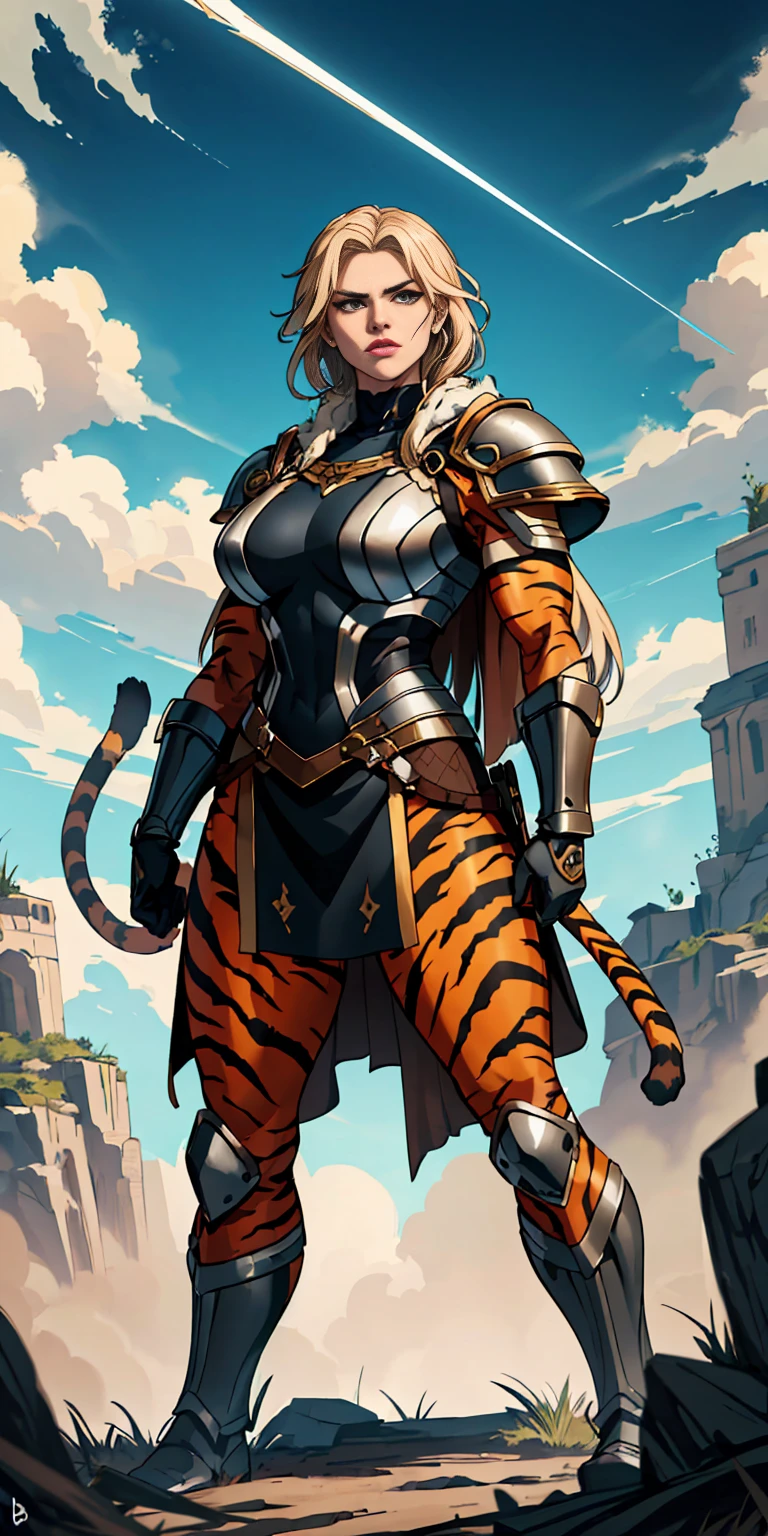 1 Girl (implying one person, likely female)
Full Body: Standing with perfect symmetry
Muscular Build: Strong and defined physique
Turned Arms: Muscular arms positioned behind her back
Theme:
Epic Fantasy: Set in a fantastical world
Asgard: Inspired by Norse mythology (can be subtle or more prominent)
Valkyrie/Lady Knight: Combining elements of a fierce warrior and noble protector
A motif incorporated into her armor, clothing, or environment (tiger stripes, or a tiger pelt cloak)
Visual Style:
Hyper Realistic: Incredibly lifelike detail
Masterpiece: Exceptional quality
8K Resolution: Sharp and high definition
Detailed Drawing: Intricate and richly textured
Superior Quality: The best possible rendering
Epic Composition: Dramatic and visually stunning
