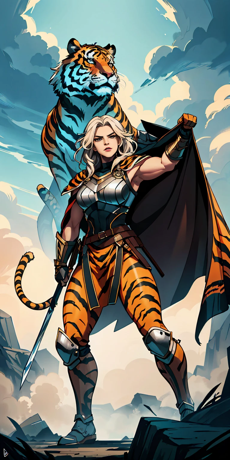 1 Girl (implying one person, likely female)
Full Body: Standing with perfect symmetry
Muscular Build: Strong and defined physique
Turned Arms: Muscular arms positioned behind her back
Theme:
Epic Fantasy: Set in a fantastical world
Asgard: Inspired by Norse mythology (can be subtle or more prominent)
Valkyrie/Lady Knight: Combining elements of a fierce warrior and noble protector
A motif incorporated into her armor, clothing, or environment (tiger stripes, or a tiger pelt cloak)
Visual Style:
Hyper Realistic: Incredibly lifelike detail
Masterpiece: Exceptional quality
8K Resolution: Sharp and high definition
Detailed Drawing: Intricate and richly textured
Superior Quality: The best possible rendering
Epic Composition: Dramatic and visually stunning