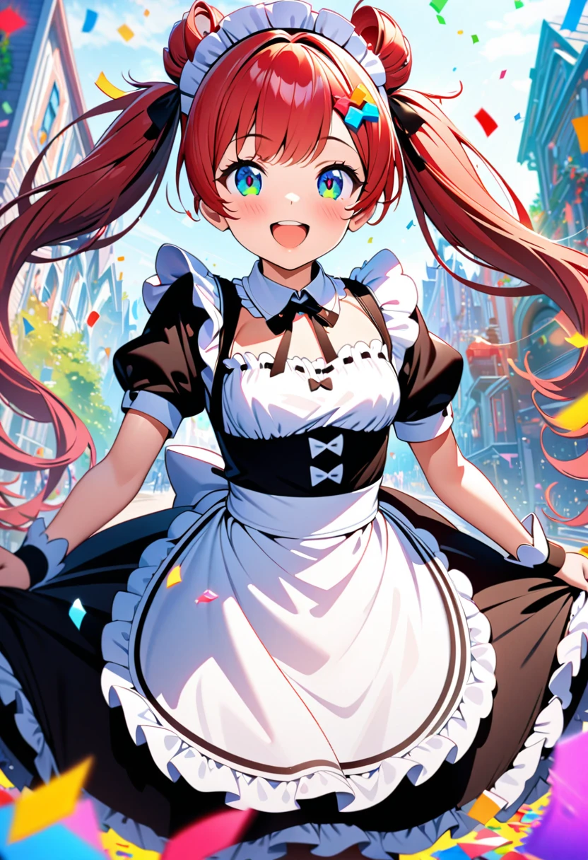 a cute girl in a maid outfit, red twin-tails hairstyle, red and white mechanical barrette, maid's hair ornament, giant party cracker shooting colorful confetti, proud smile, best quality, 4k, 8k, ultra-detailed, vivid colors, CG illustrations,