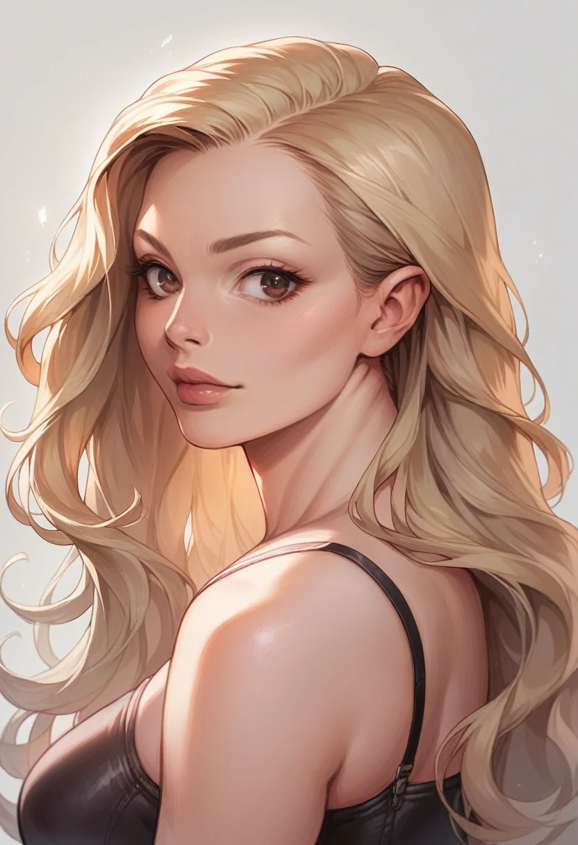 1girl, solo, looking at viewer, blonde long hair, wearing a corset, big ass, brown eyes, upper body, grey background, large tits, lips, realistic, diokonigsreuter