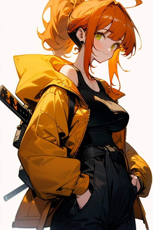 big breasts, big ass, wears a white tank top, yellow coat tied at the waist, katana on the back, wired headset connected to an mp3, black backpack, Waist slender,, orange hair with ponytail, bangs, yellow coat tied at the waist, hair orange, big boobies, brown cargo pants, ginger, big , big ass, white tank top, green eyes, orange hair, big boobies