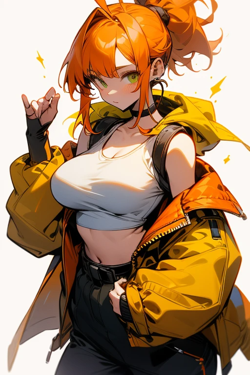 big breasts, big ass, wears a white tank top, yellow coat tied at the waist, katana on the back, wired headset connected to an mp3, black backpack, Waist slender,, orange hair with ponytail, bangs, yellow coat tied at the waist, hair orange, big boobies, brown cargo pants, ginger, big , big ass, white tank top, green eyes, orange hair, big boobies