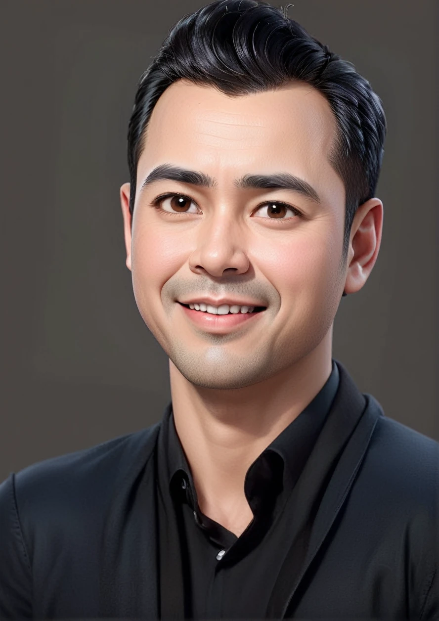 Create a 3D animation of a big-headed cartoon caricature. a 30 year old Indonesian man with short, slightly wavy black hair brushed back, round head facing forward, oval face with a strong jawline, thick straight eyebrows, almond-shaped brown eyes, a straight nose with a slightly rounded tip, symmetrical lips, and a slight friendly smile, wearing a black shirt. Gradient blue background with professional lighting. masterpiece, top quality, highly detailed skin and face, ultra-realistic, high definition, studio lighting, sharp focus, full body view, Concept Art, 3D rendering.