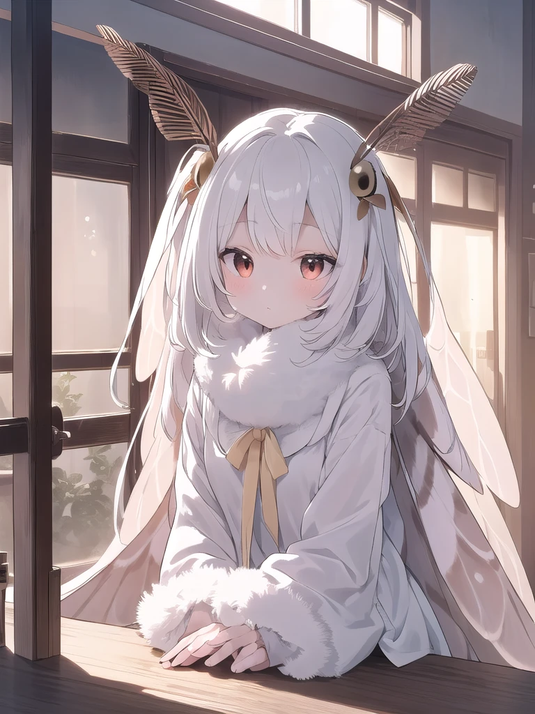 mothgirlcpt, moth antennae, moth wings, solo, 1girl, drooping tactile sensation、cute、fluffy、Light production、Silkworm moth