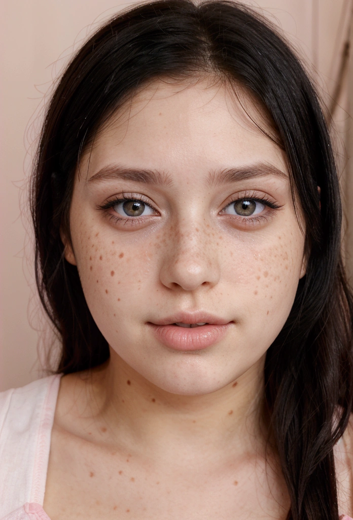 White girl, with straight black hair, eyes browns, pink mouth and freckles on the cheek