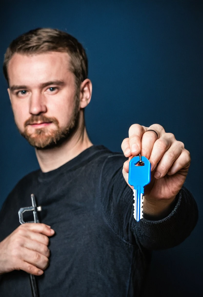 White man holding a small blue key, the man is half sideways, the background is black