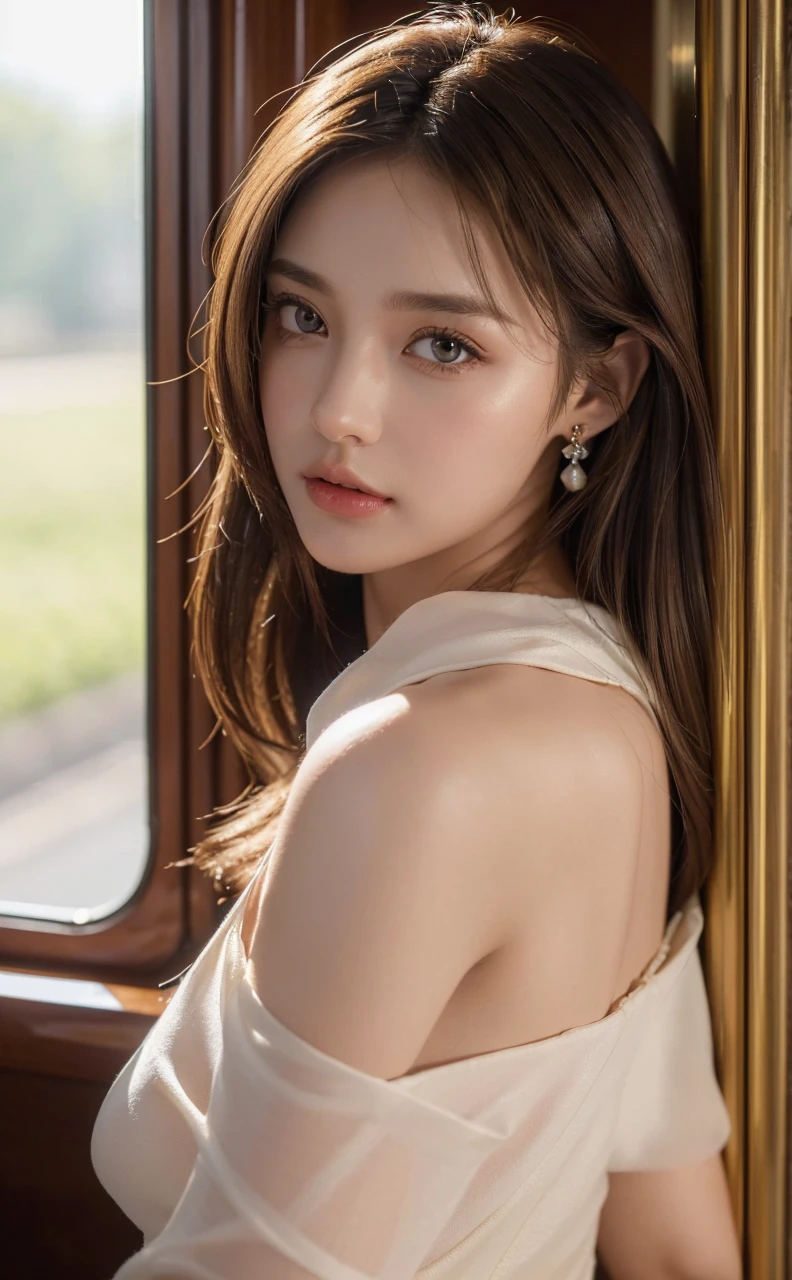 ((Best quality, 8K, masterpiece: 1.3)), full body, clear focus: 1.2, perfect body beauty: 1.4, slim abs: 1.2, (((dark brown hair,: 1.2)), dress dress: 1.1, (railway carriage: 1.1), highly detailed facial and skin texture, exquisite eyes, wearing gem earrings, off-the-shoulder, in the dark, dark, deep shadows, excellent light and shadows, soft lighting, natural light, soft shadows, warm light, side strong lighting, golden or warm hair, natural color, detailed skin texture, reflective earrings, eye gloss, details and reflective hair, warm background tones