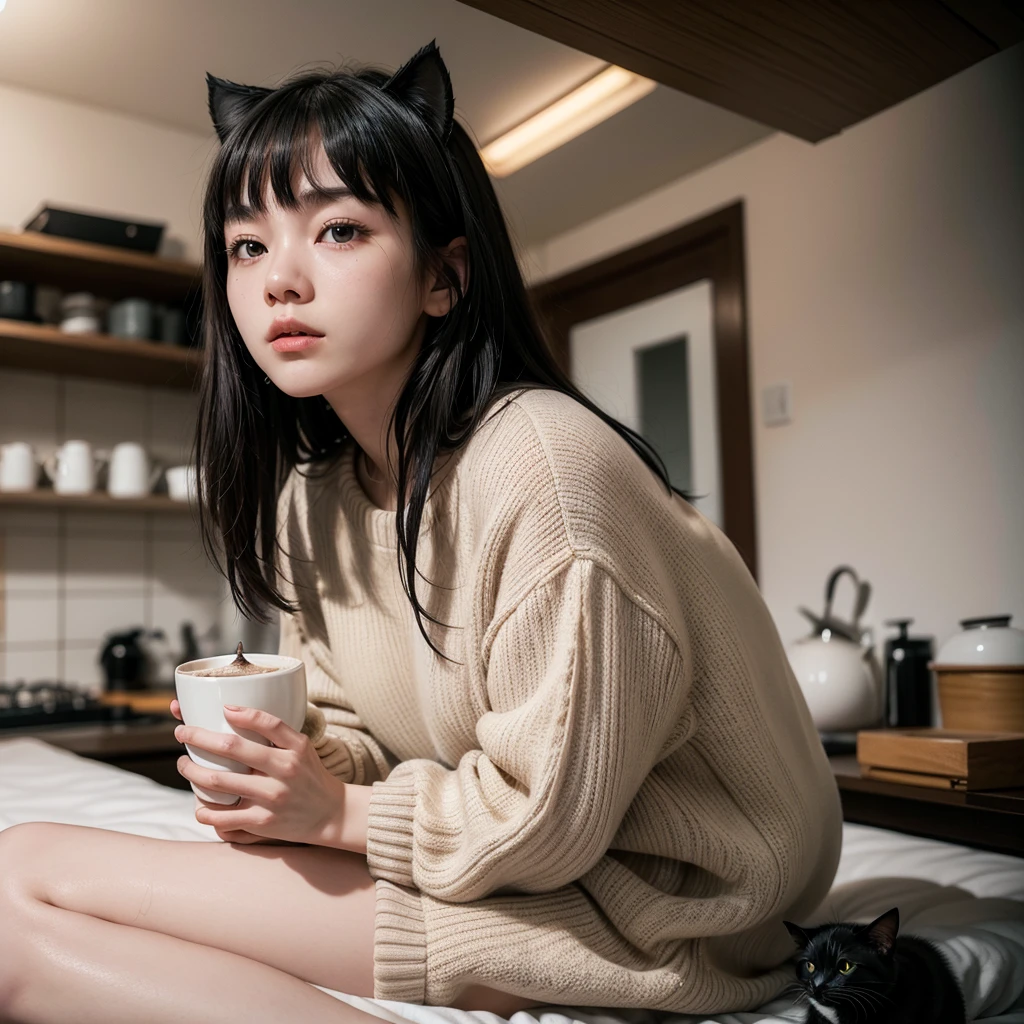 ((best qualityer)), ((work of art)), (detailded),cute japanese,((1girl)),alone,18 years old, ((porcelain cut white skin)),((black eyes)),(black long wavy hair,with bangs),((flushed skin)),,(Alone), (a detailed full-body RAW photo of a girl), (Artwork: 1), (best quality: 1.4), (Ultra high resolution: 1.2), (photorealistic: 1.4), 8k resolution, Canon EOS R5, 50mm, Absurd, ultra detailed, sharp focus, cinematic lighting, Detailed Beautiful Face,wearing a beige sweater, sweatpants,red cap,black cat ears,,drinking hot chocolate, little light in the kitchen, it's night, it's raining 