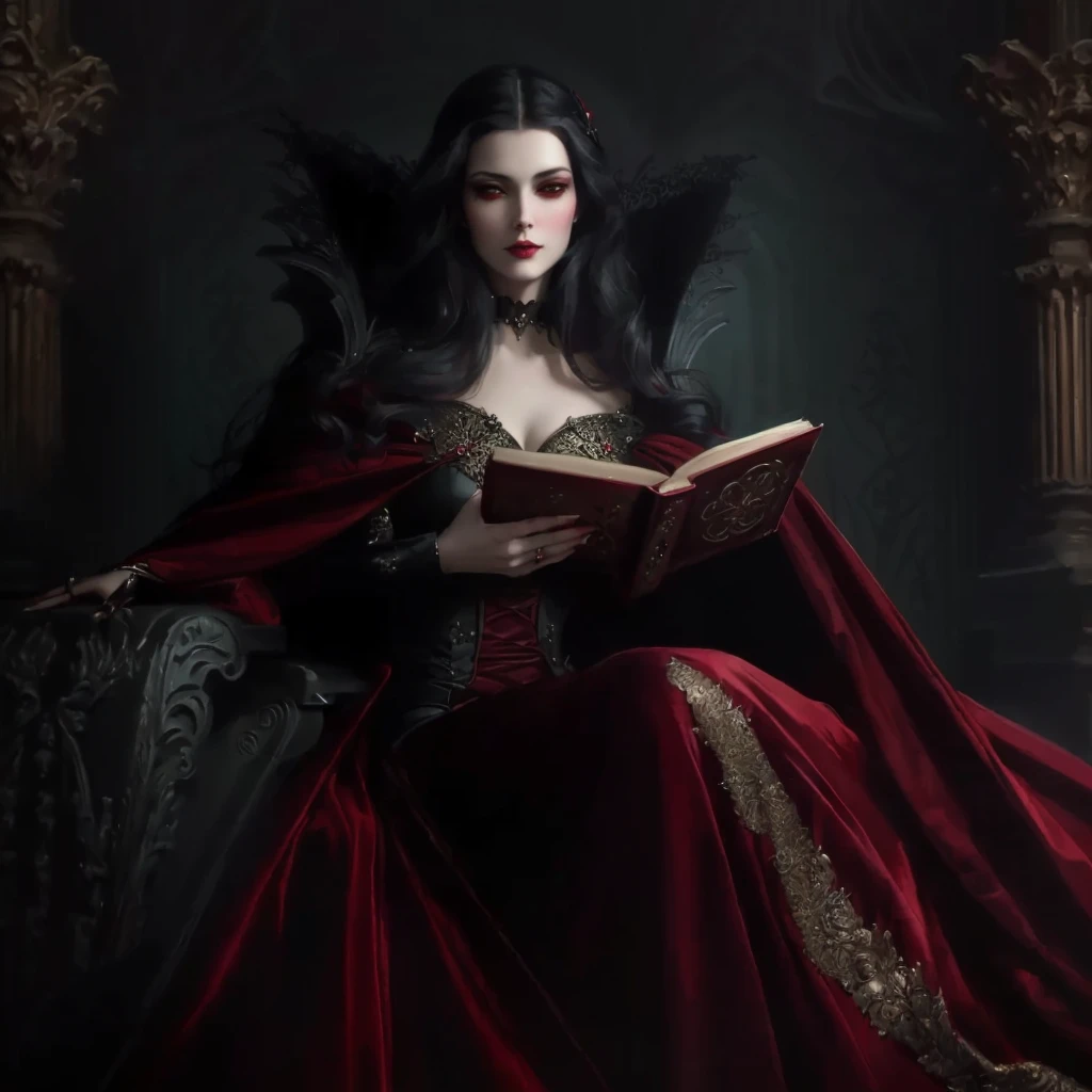 arafed woman in a red dress holding a book, beautiful vampire female queen, beautiful vampire queen, vampire queen, gothic fantasy art, portrait of a lady vampire, beautiful elegant demon queen, artstyle tom bagshaw, in style of dark fantasy art, tom bagshaw artstyle, dark fantasy art, fantasy dark art, natalie shau tom bagshaw