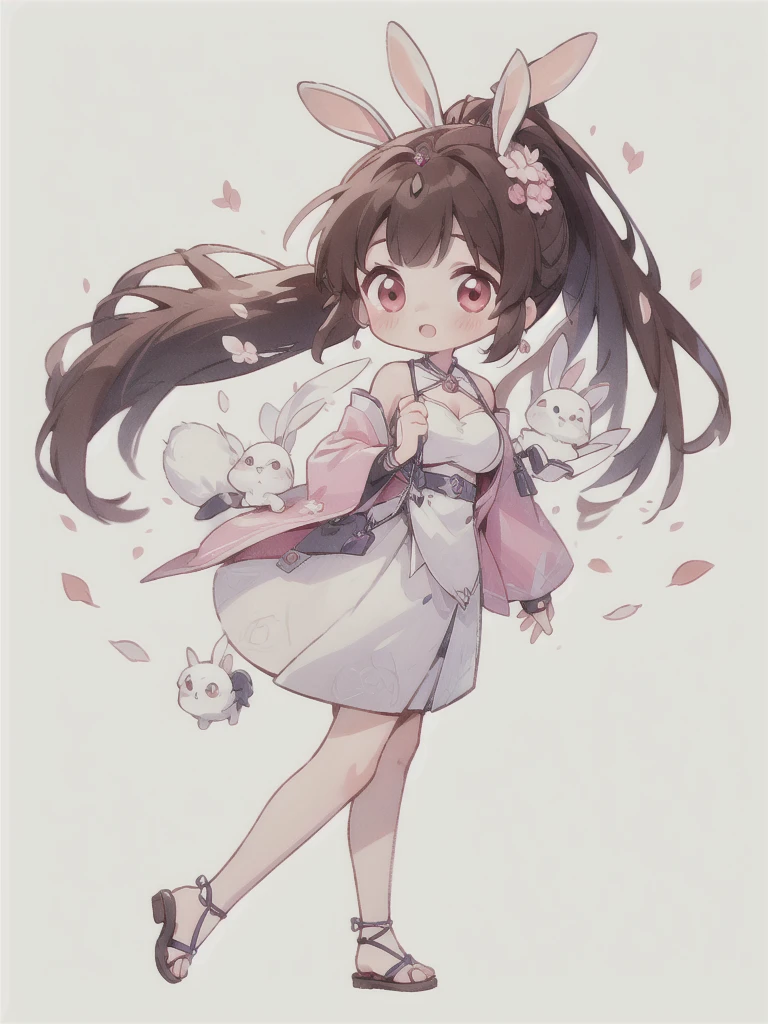 best quality, Cute light-skinned baby,chibi anime,chibi, Long brown hair,High Ponytail,((Rabbit ear hair ornaments)),Shouhui,cute,Pink Eyes,(((full body))),walk,number,独奏,Falling pink petals,White long skirt,revel,Long skirt,Silver pattern,1girl,Bare legs,big breast,cleavage,Bright colors,Solid color background,Black edge line,White background,Solid color background,jewelry,Jewelry