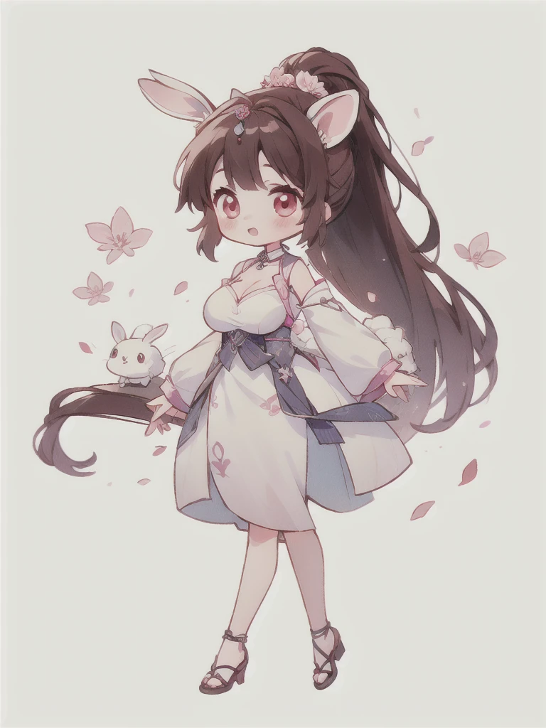 best quality, Cute light-skinned ,chibi anime,chibi, Long brown hair，High Ponytail，((Rabbit ear hair ornaments)),Shouhui,cute，Pink Eyes,（((full body))），walk，number,独奏，Falling pink petals，White long skirt，revel,Long skirt，Silver pattern，1girl,Bare legs,big breast,cleavage，Bright colors，Solid color background,Black edge line，White background，Solid color background，jewelry，Jewelry