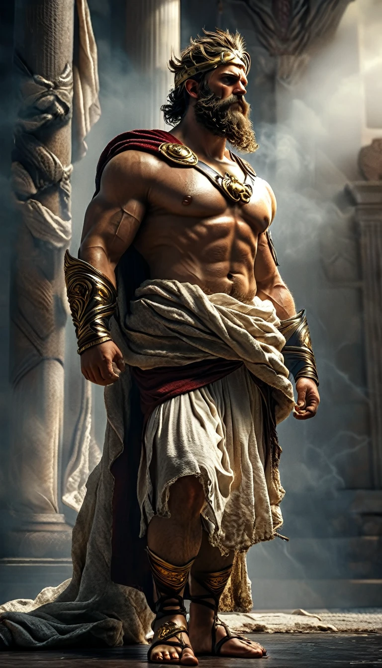 Zeus, Muscular, tall, bearded, thunderbolt, crown, toga, sandals, regal, commanding, divine, dynamic,dramatic,cinematic,highly detailed,4k,realistic,photorealistic,professional lighting,chiaroscuro,dark,gritty,grunge,powerful,intense,epic