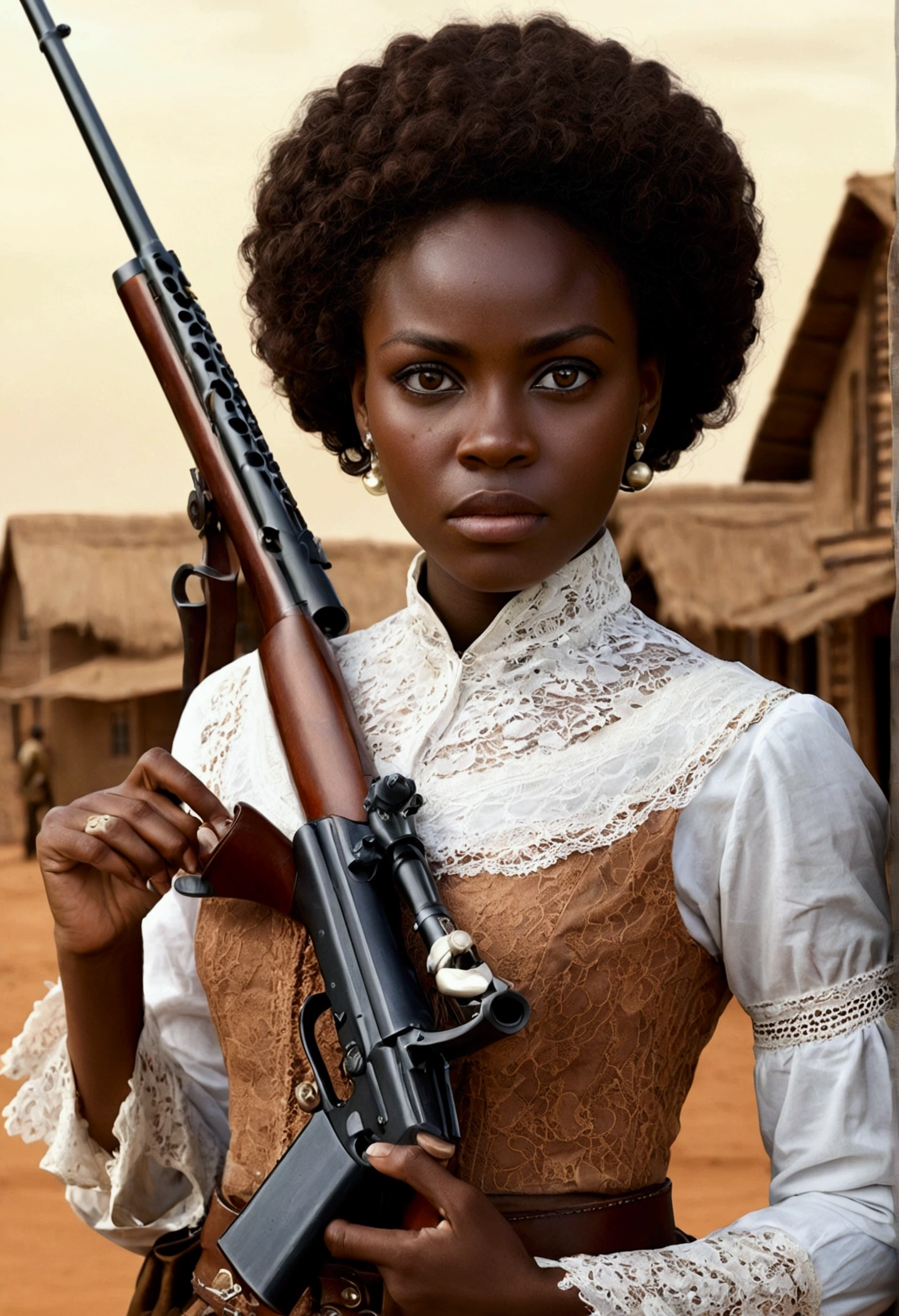 Wester movie cover, various elements, Ultra-realistic African woman, real colors, canon photography, darkskin, western film character, Sexy girl with brown eyes, ultra realist, meticulously detailed, wearing period clothes with white lace. she is holding a rifle. She is African with slanted eyes but she is African, negroide.