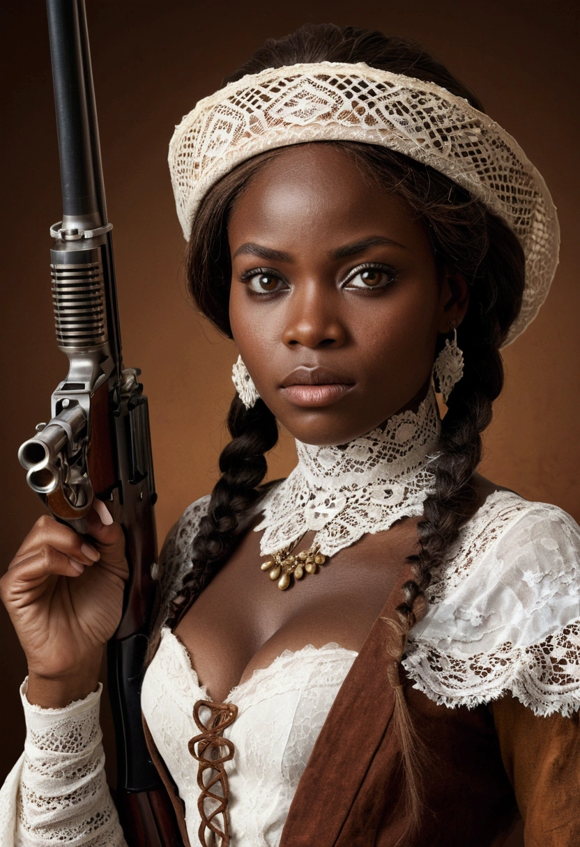 Wester movie cover, various elements, Ultra-realistic African woman, real colors, canon photography, darkskin, western film character, Sexy girl with brown eyes, ultra realist, meticulously detailed, wearing period clothes with white lace. she is holding a rifle. She is African with slanted eyes but she is African, negroide.