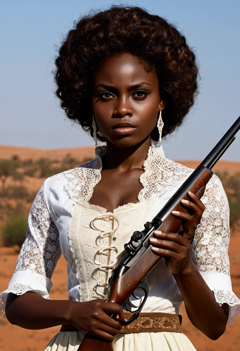 Wester movie cover, various elements, Ultra-realistic African woman, real colors, canon photography, darkskin, western film character, Sexy girl with brown eyes, ultra realist, meticulously detailed, wearing period clothes with white lace. she is holding a rifle. She is African with slanted eyes but she is African, negroide.