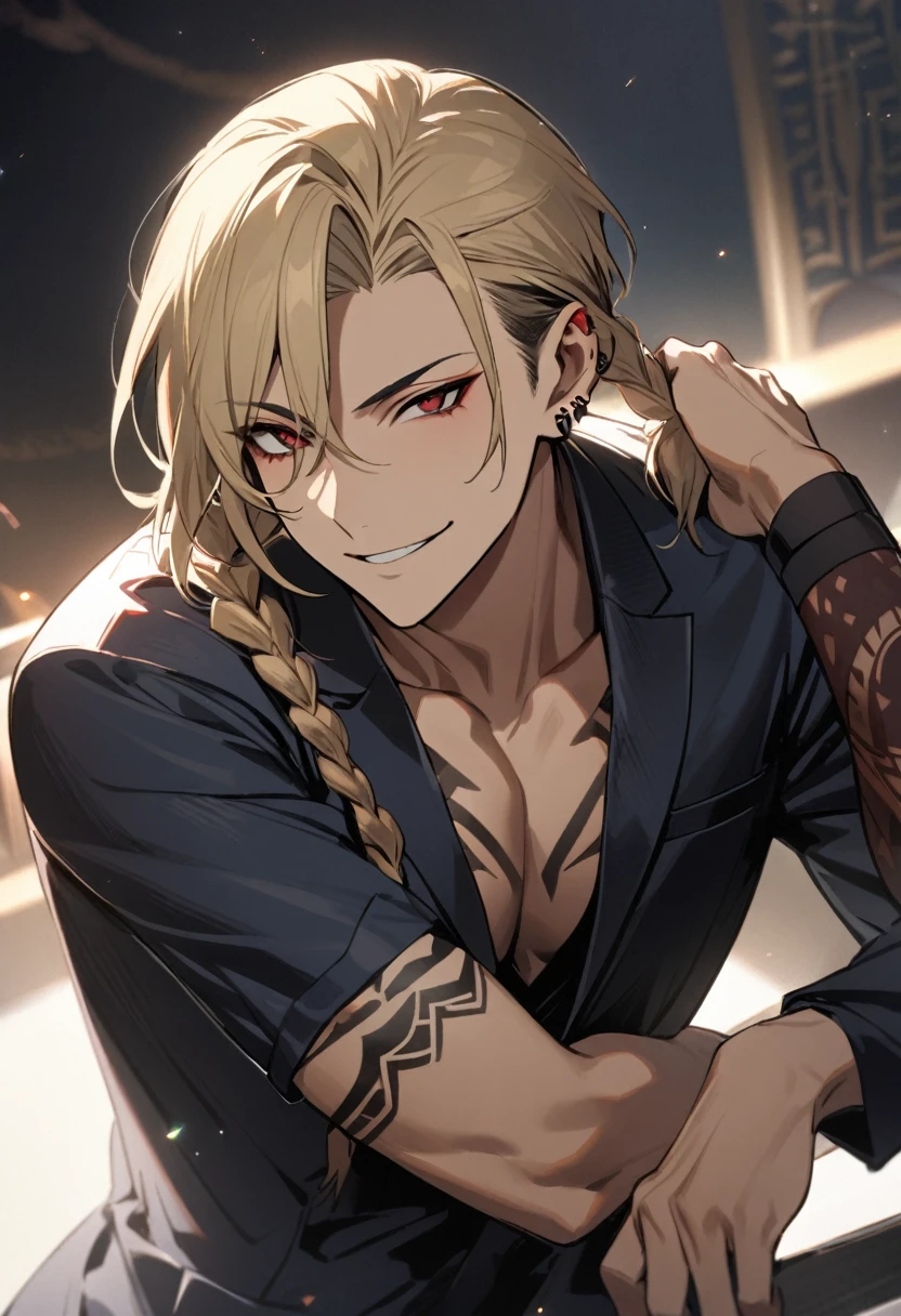1man, Fate, strong, elegant, straight blond hair with shaved hair on the side and two short braids on the left side, some piercings in the left ear, dark red eyes, a mischievous smile, formal shirt, dark blue suit, he has some black tribal tattoos in the following places: his left arm, neck and chest.
masterpiece, best quality, very aesthetic, absurdres