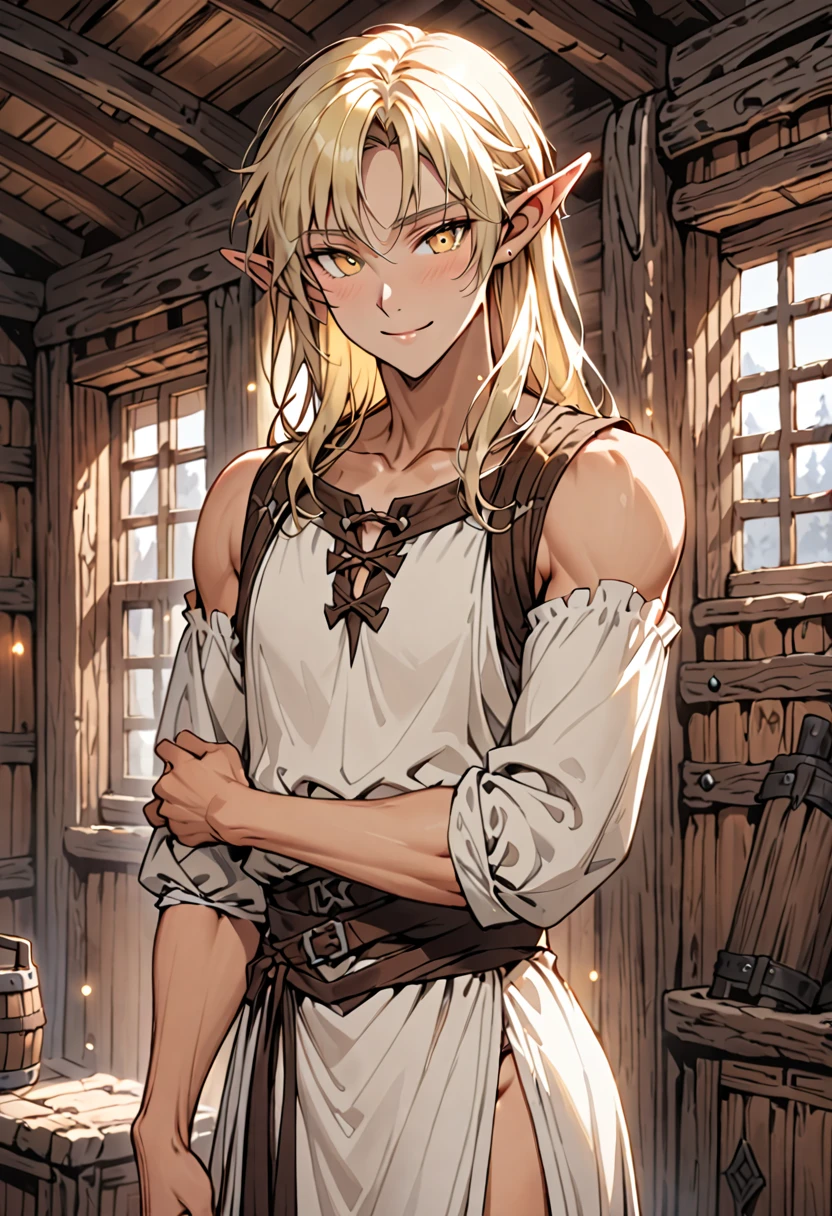 male, solo, very tall, large, slim waist, fit, long luscious blonde hair, yellow eyes, elf, light tan skin, broad shoulders, clean shaven, blush, fit arms:0.7, cabin indoors, skimpy medieval clothes, young feminine male, smile, shy pose